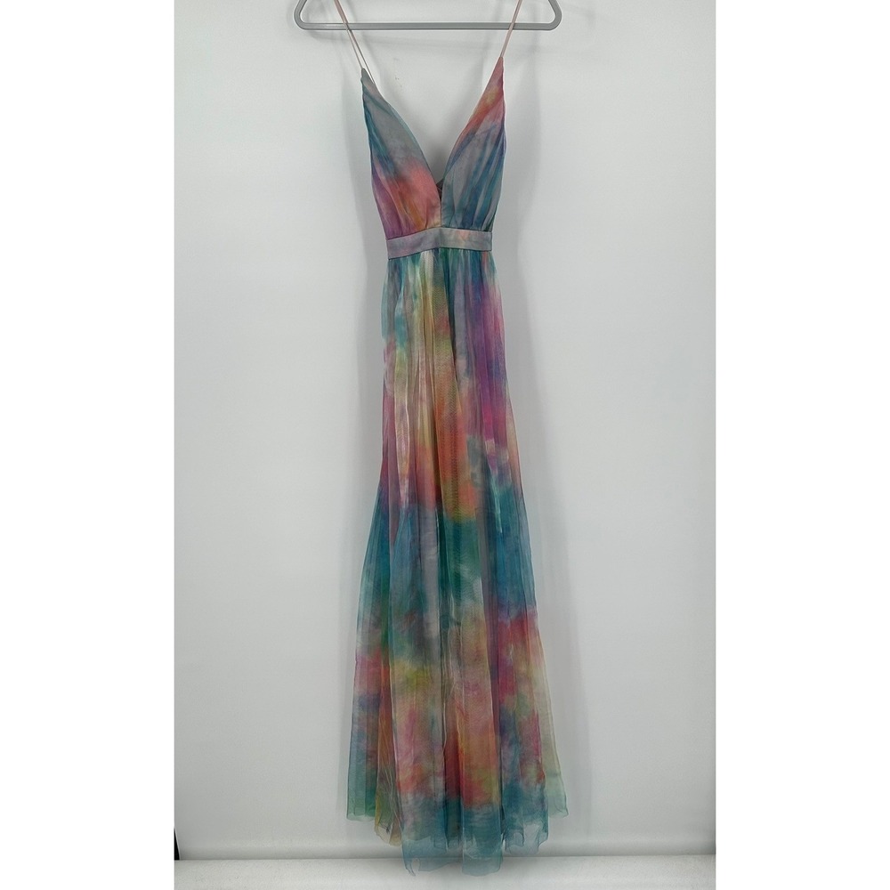 Womens Fairy Rainbow Tie Dye Mesh Maxi Dress Size M Prom Formal Gala Romantic